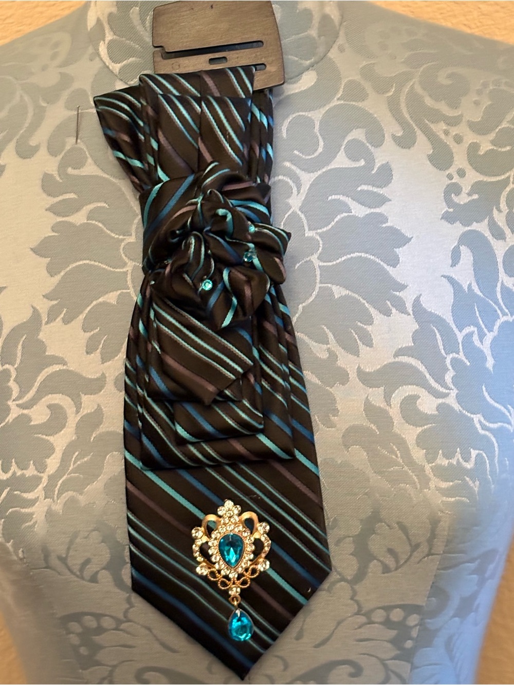 Black Tie with Teal Stripe and Teal Jewel Accent